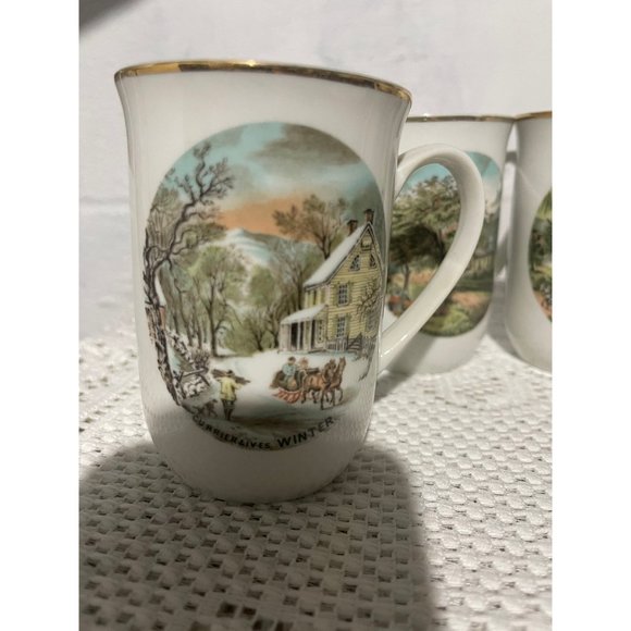 Vintage Set of 4 Currier and Ives Seasons Cups Mugs Winter Autumn Spring Summer - Picture 8 of 10